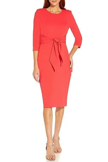 Adrianna Papell Crew Neck 3/4 Sleeve Tie Waist Bodycon Zipper Back Solid Knit Crepe Dress