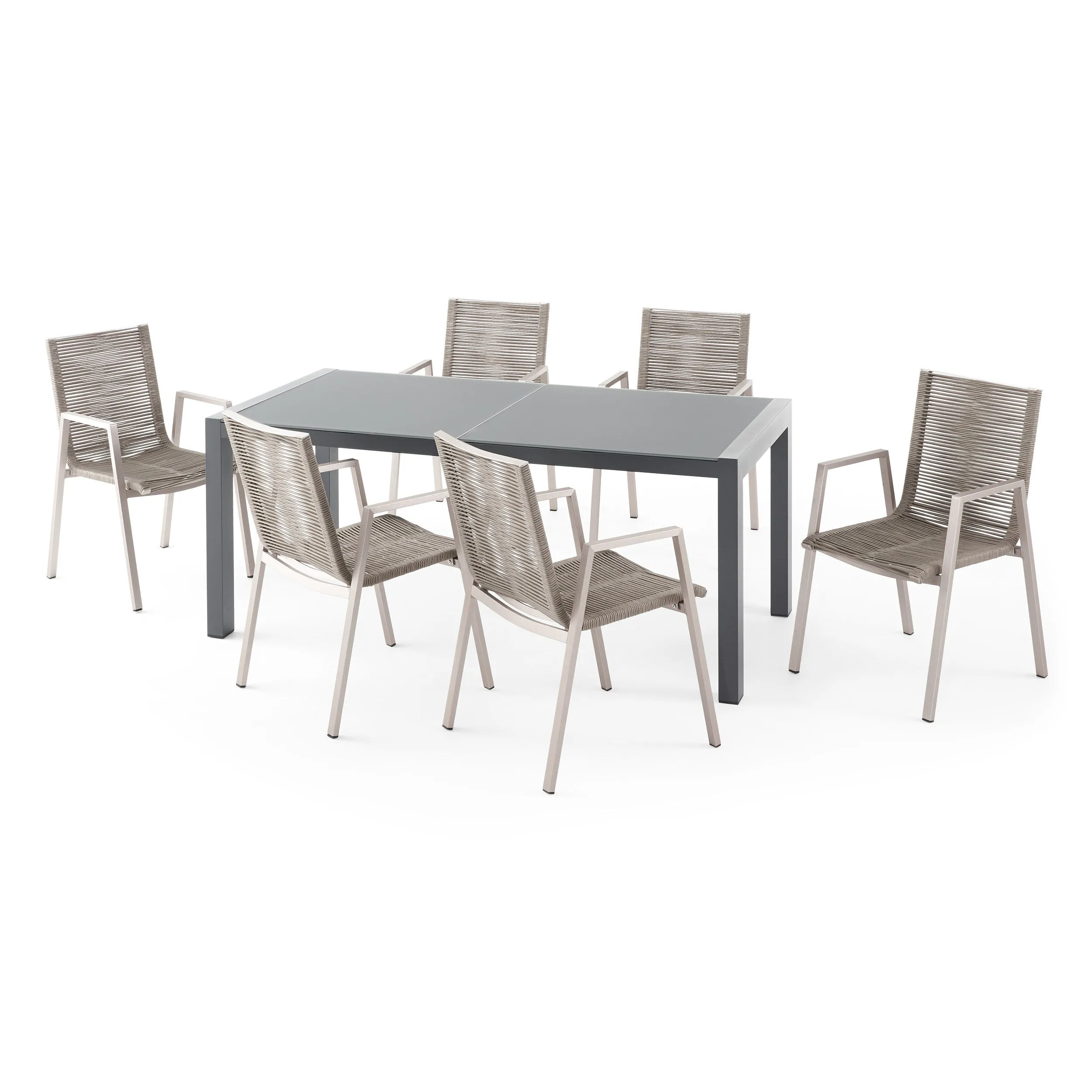 Amir Outdoor Modern 6 Seater Aluminum Dining Set with Tempered Glass Top