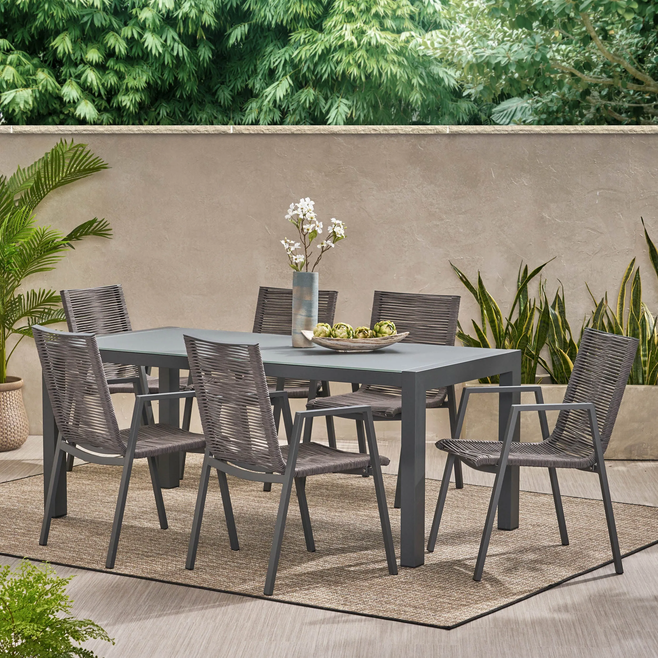 Amir Outdoor Modern 6 Seater Aluminum Dining Set with Tempered Glass Top