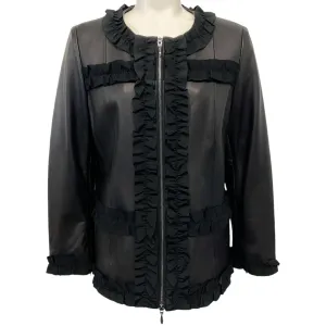 Anne Fontaine Black Leather Jacket with Ribbon Trim