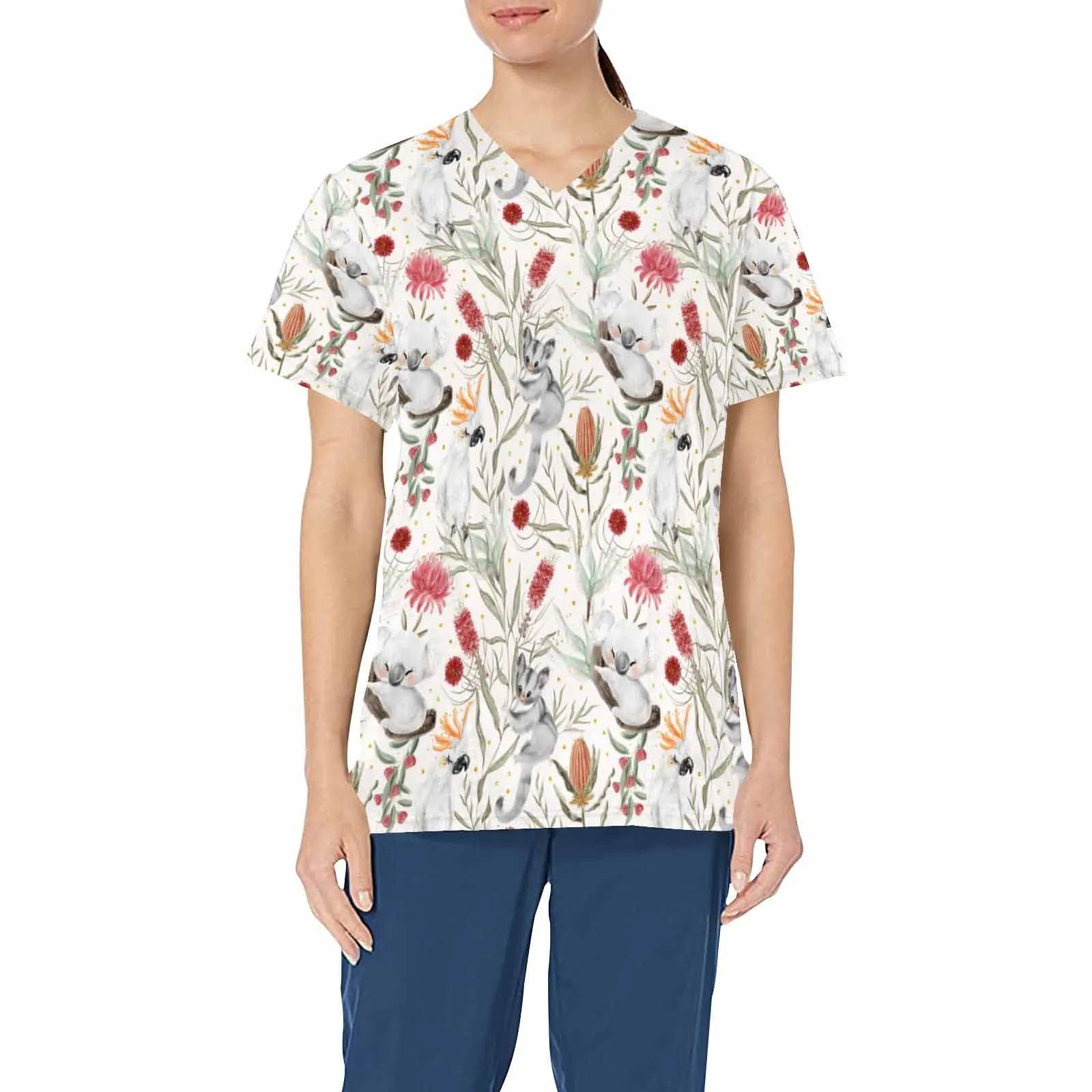 Australian Animals Koala and Sugar Glider   Women's V Neck Scrub Top Nurse Uniform with Deep Front Pockets