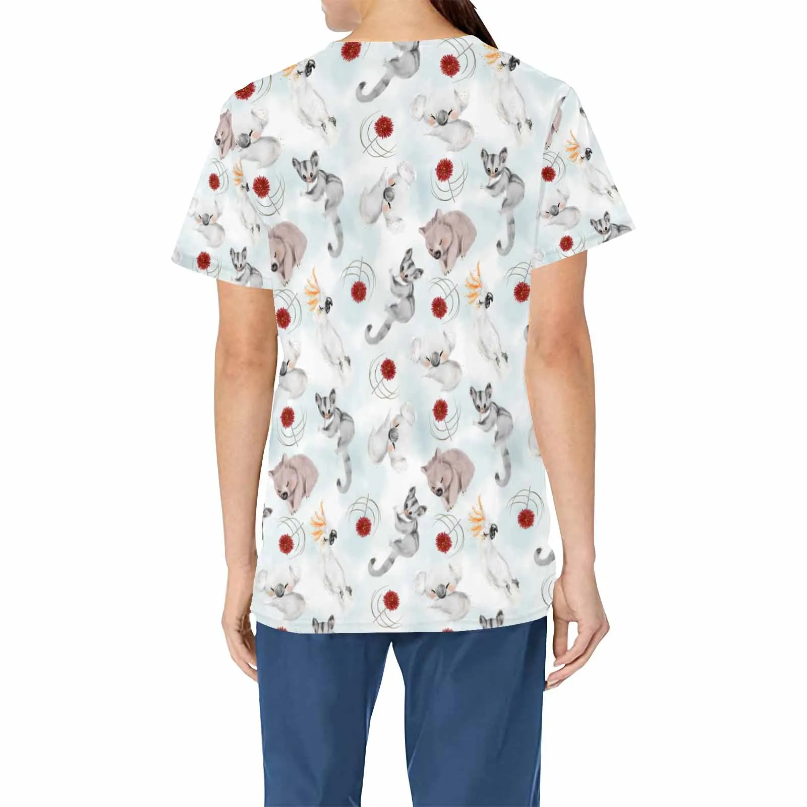 Australian Animals Koala Cockatoo Sugar Glider Wombat  Women's V Neck Scrub Top Nurse Uniform with Deep Front Pockets