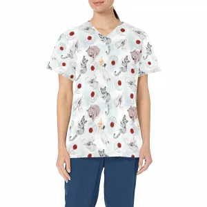 Australian Animals Koala Cockatoo Sugar Glider Wombat  Women's V Neck Scrub Top Nurse Uniform with Deep Front Pockets