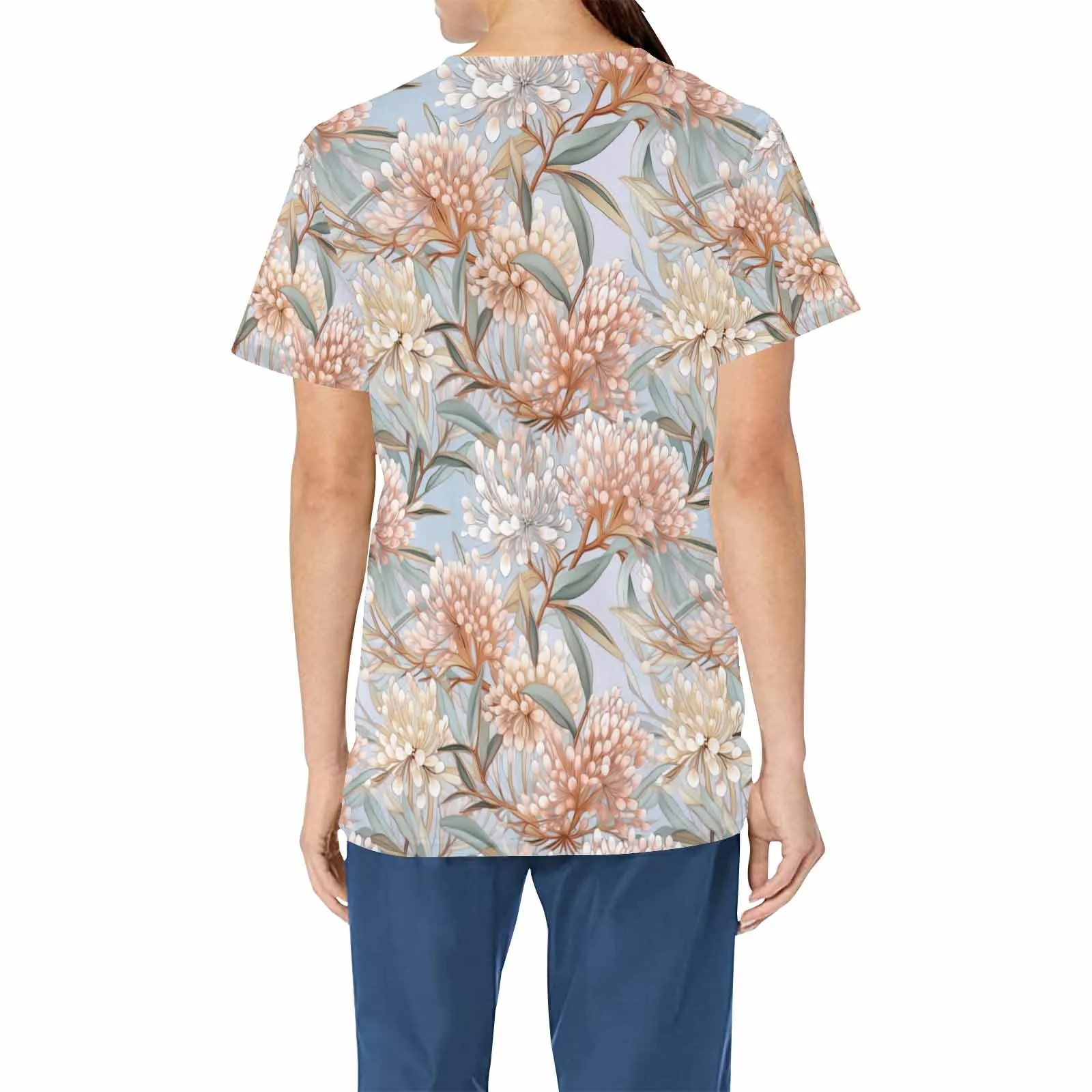 Australian Floral 9  Women's V Neck Scrub Top Nurse Uniform with Deep Front Pockets