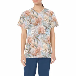 Australian Floral 9  Women's V Neck Scrub Top Nurse Uniform with Deep Front Pockets