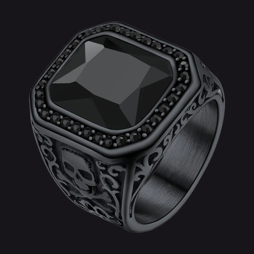 Black Onyx Signet Ring with Skull for Men