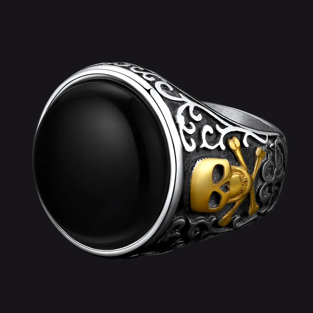 Black Onyx Signet Ring with Skull for Men