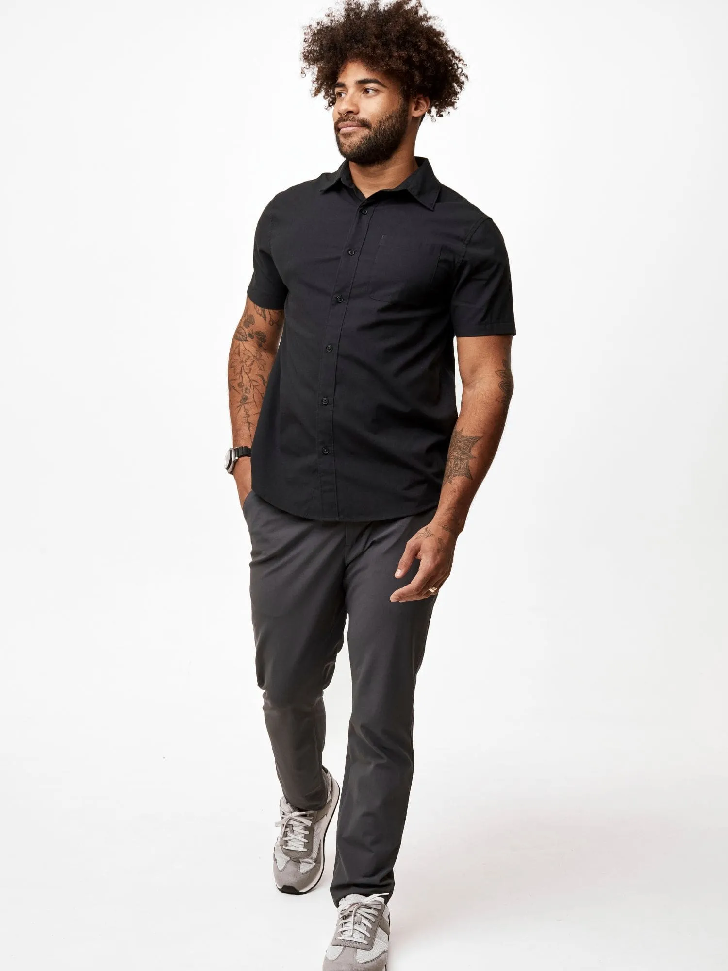 Black Short Sleeve Stretch Button Up