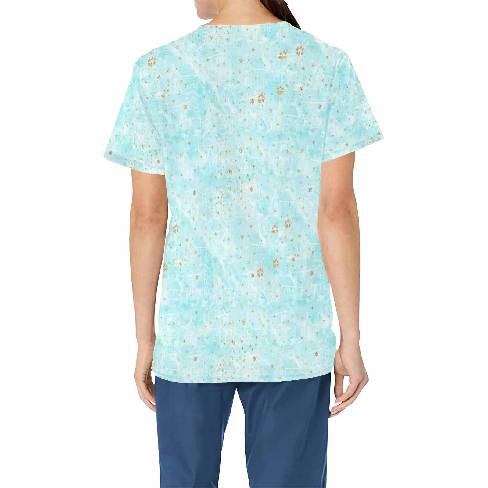 Blue Dog Paws  Women's V Neck Scrub Top Nurse Uniform with Deep Front Pockets