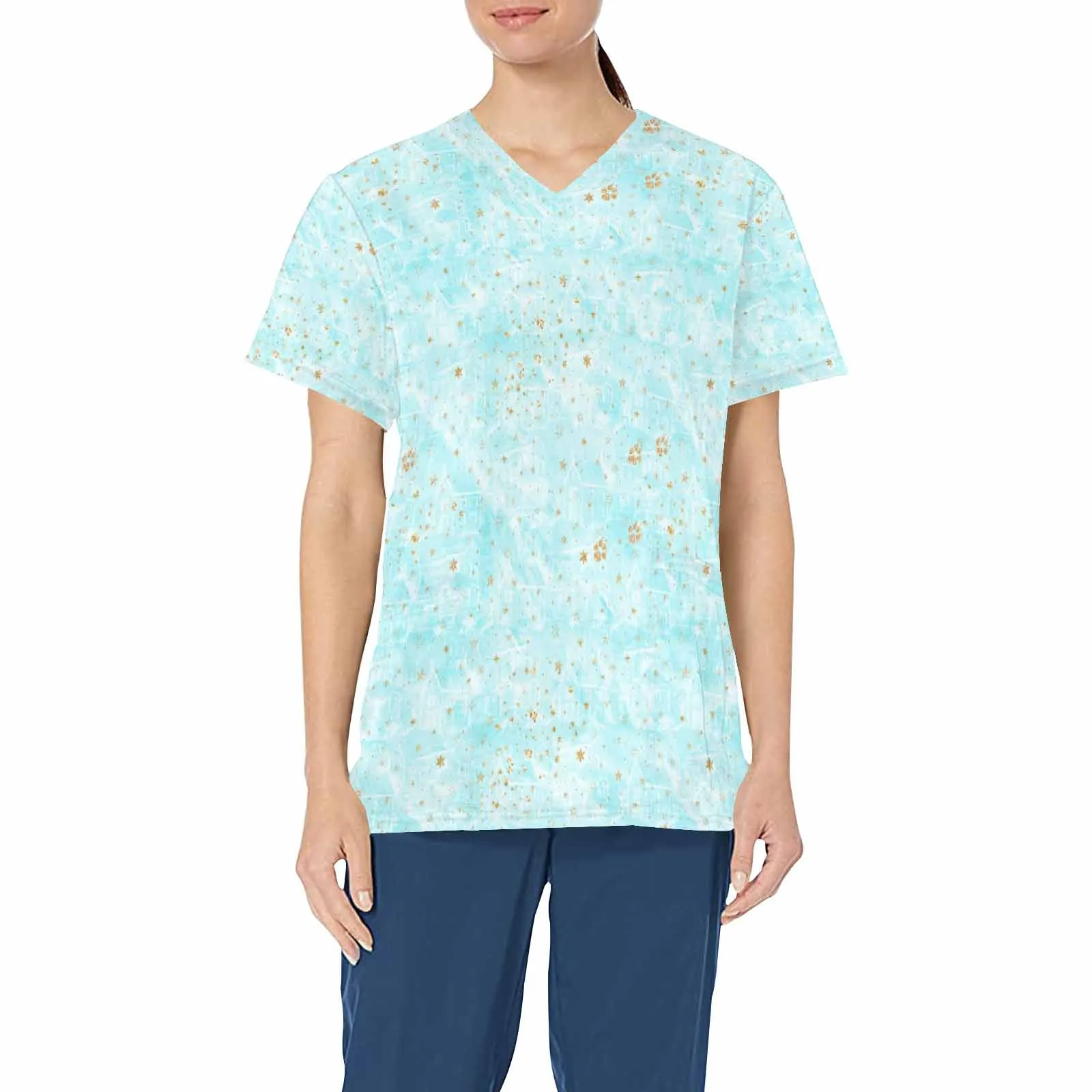 Blue Dog Paws  Women's V Neck Scrub Top Nurse Uniform with Deep Front Pockets