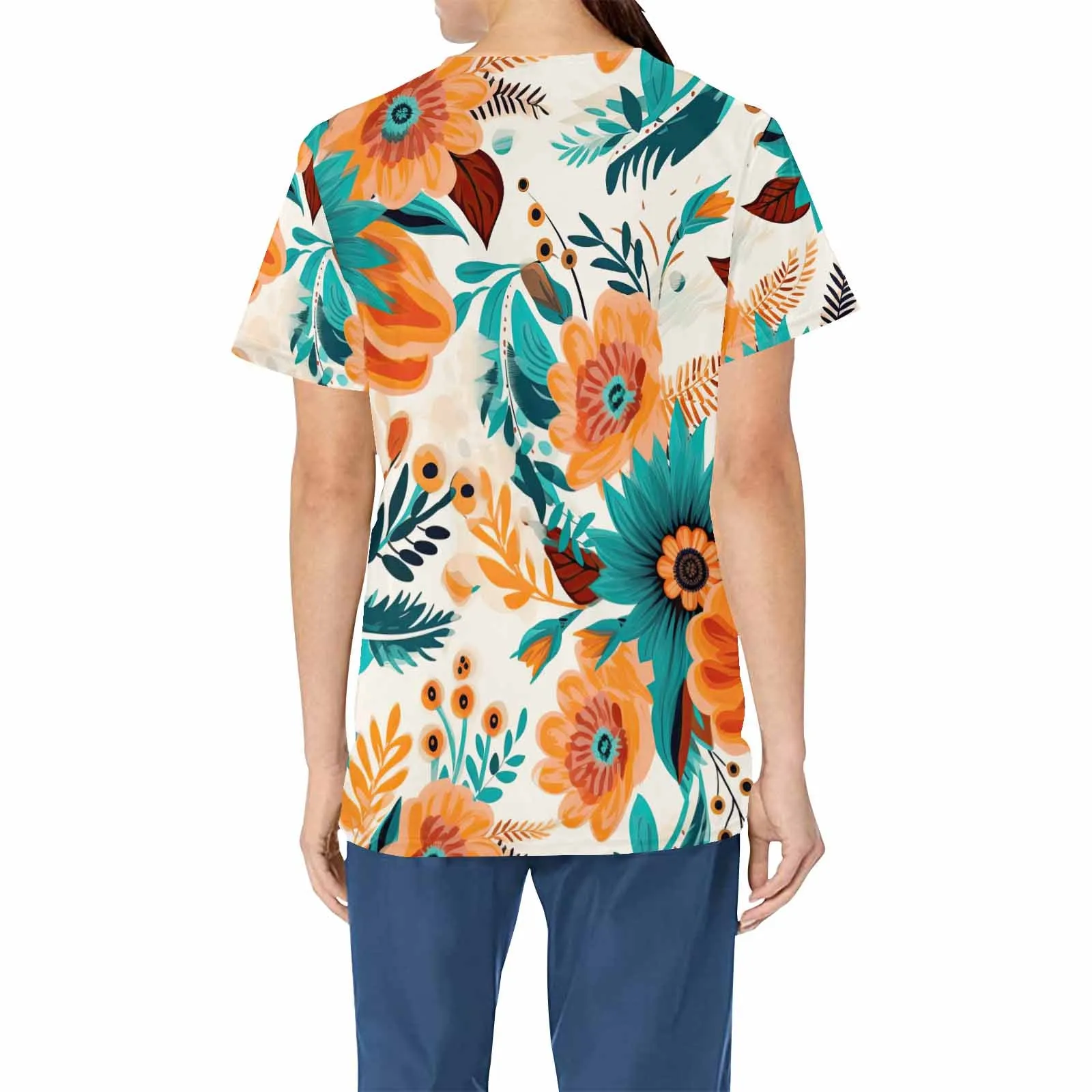 Boho Floral  Women's V Neck Scrub Top Nurse Uniform with Deep Front Pockets