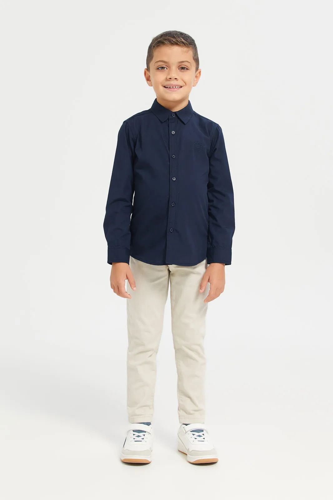 Boys Navy Solid L/S Shirt