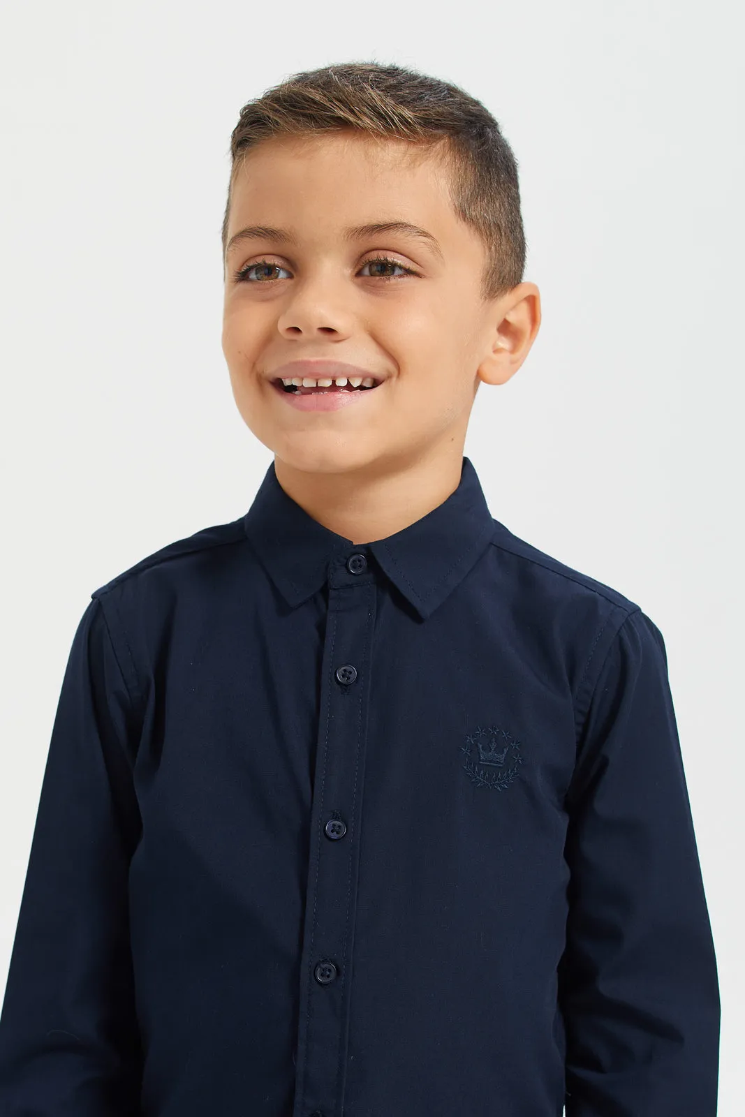 Boys Navy Solid L/S Shirt