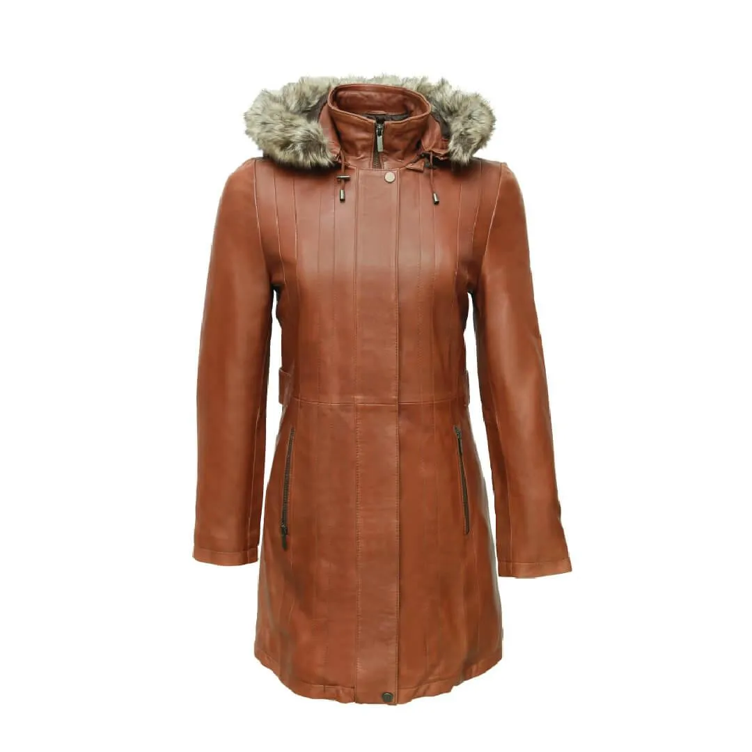 Brown Long Leather Coat with Detachable Shearling Hood