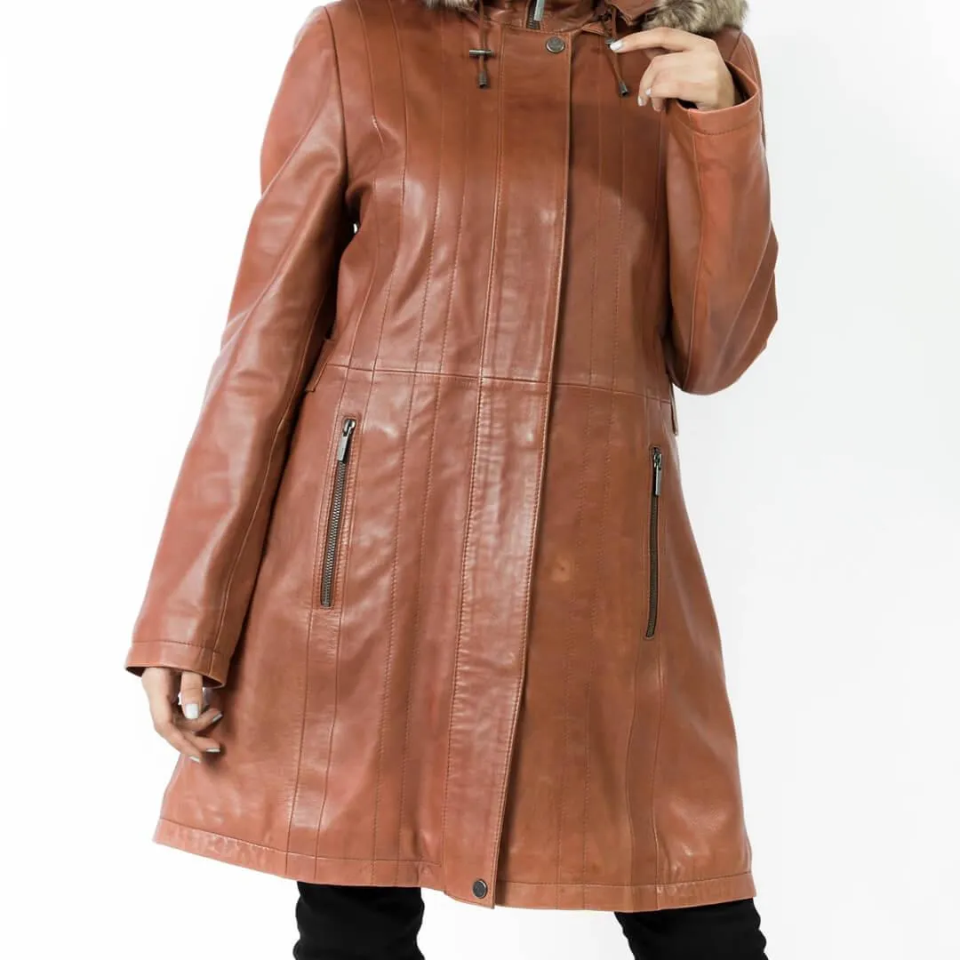 Brown Long Leather Coat with Detachable Shearling Hood