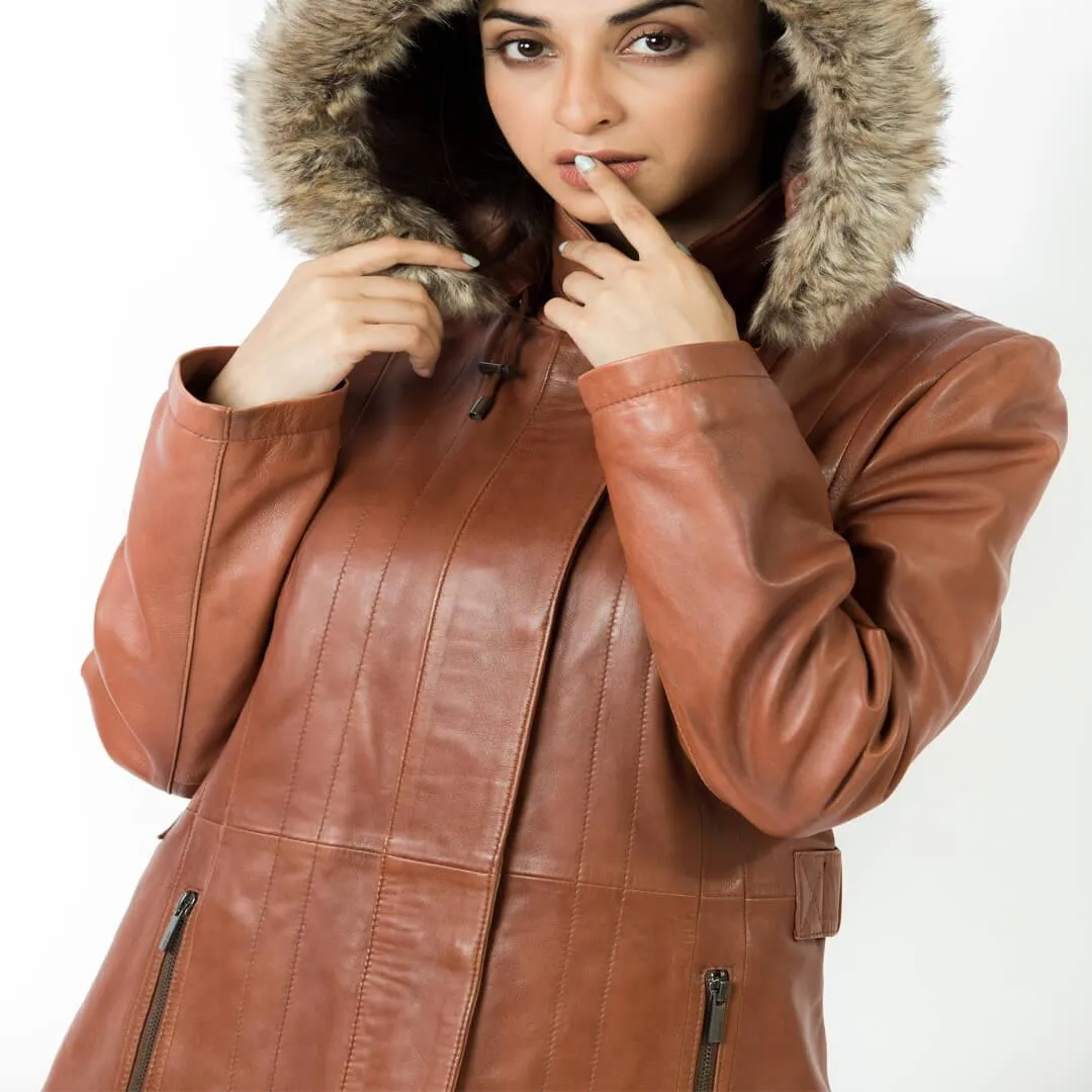 Brown Long Leather Coat with Detachable Shearling Hood