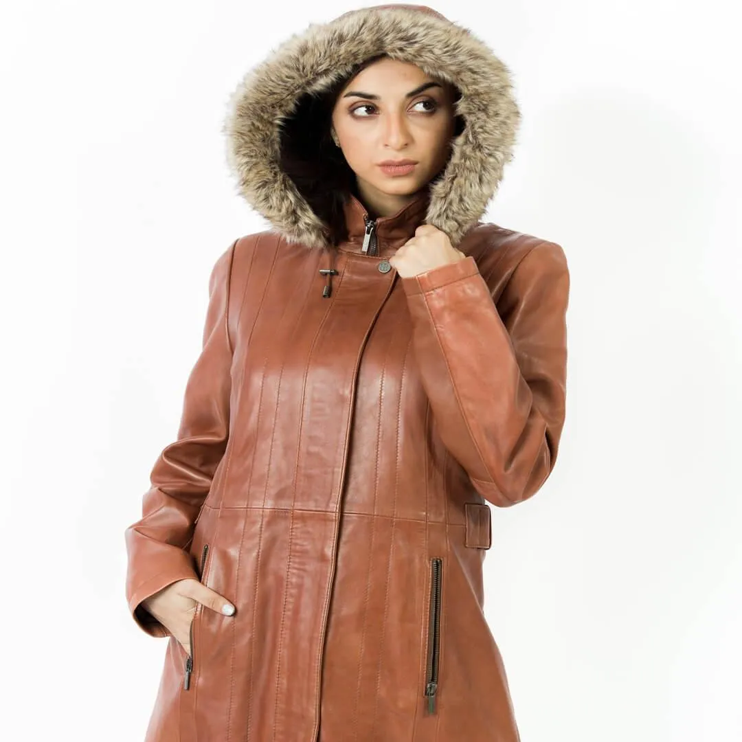 Brown Long Leather Coat with Detachable Shearling Hood