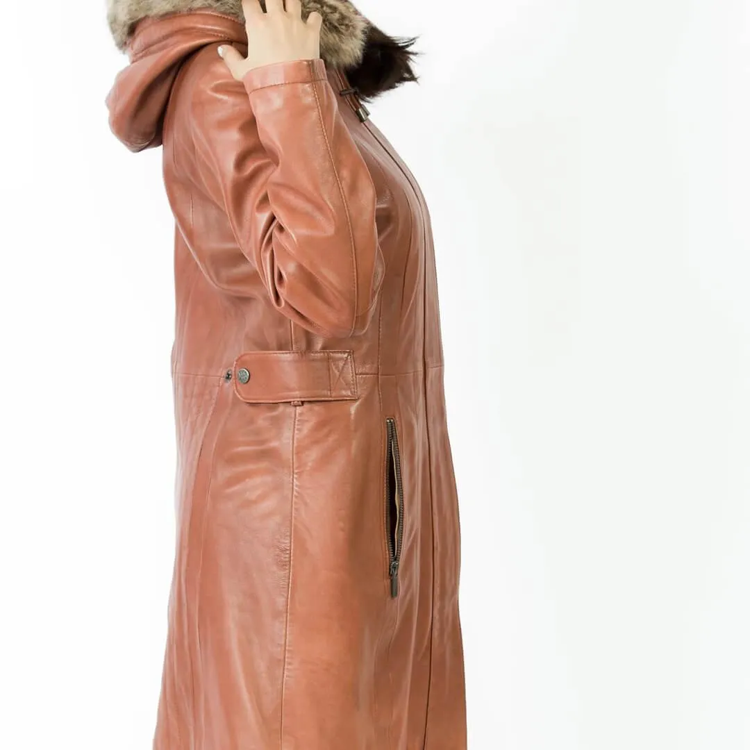 Brown Long Leather Coat with Detachable Shearling Hood