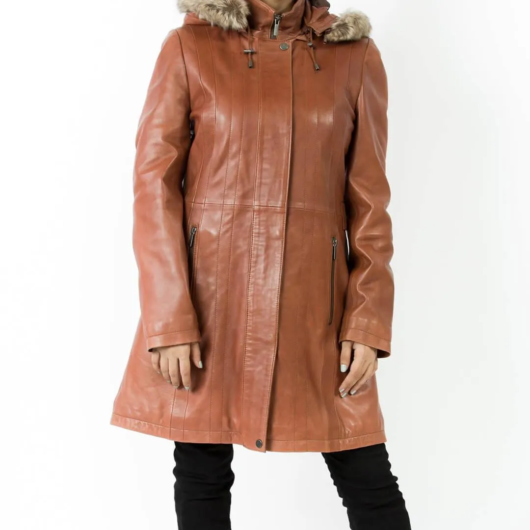 Brown Long Leather Coat with Detachable Shearling Hood