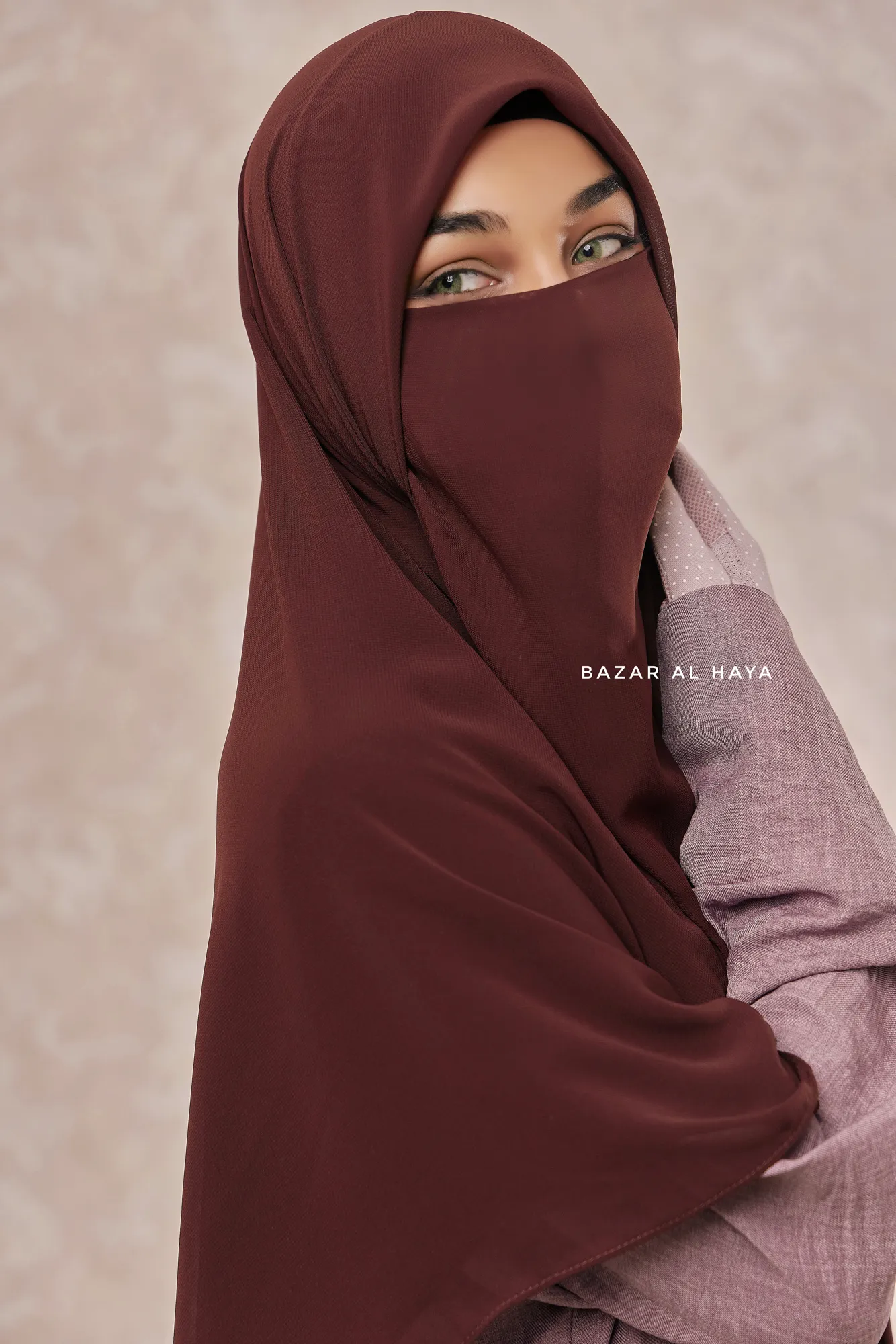 Brown Square Scarf With Half Niqab Set - Super Breathable - Quality