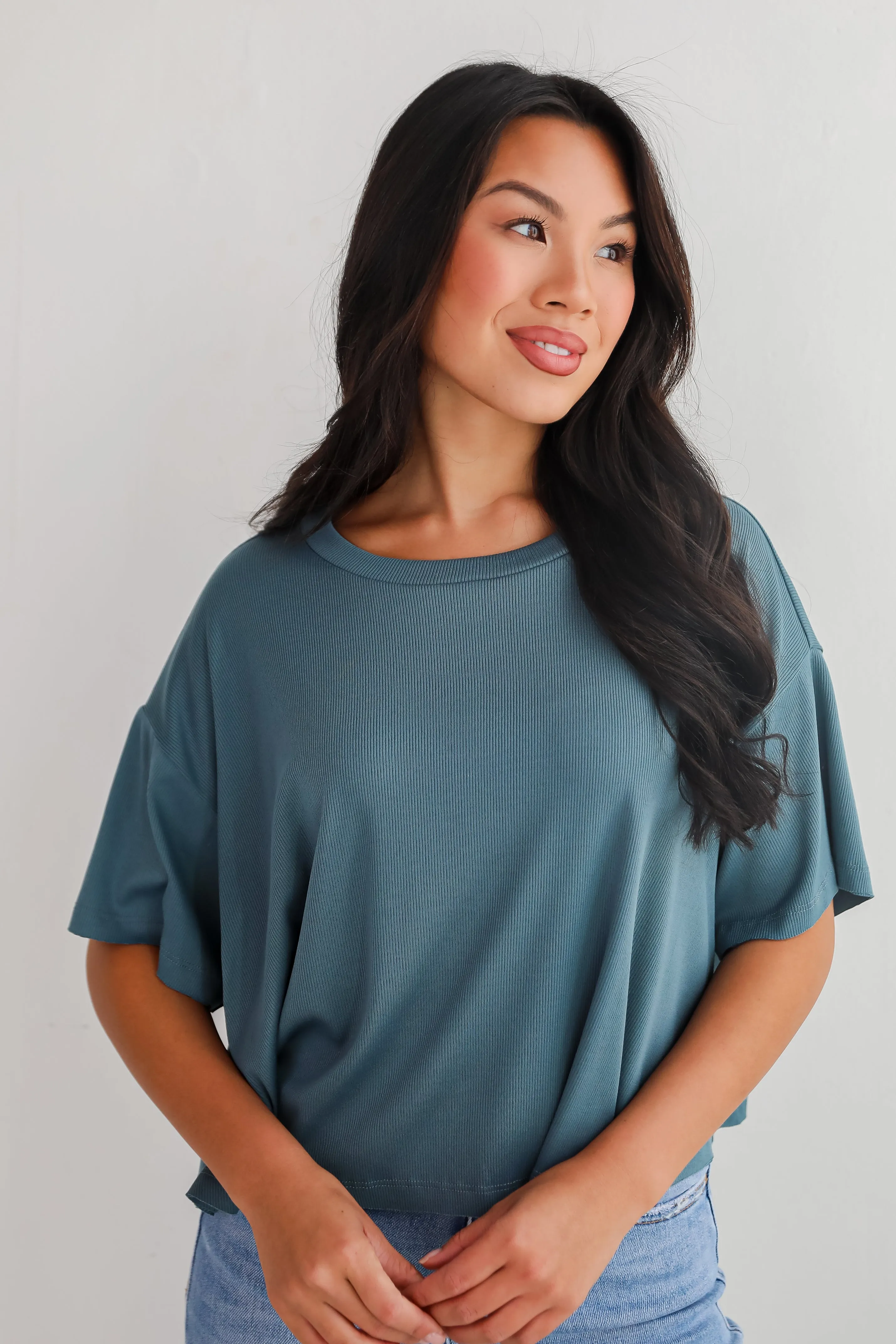 Catherine Teal Ribbed Knit Tee - DU DEAL