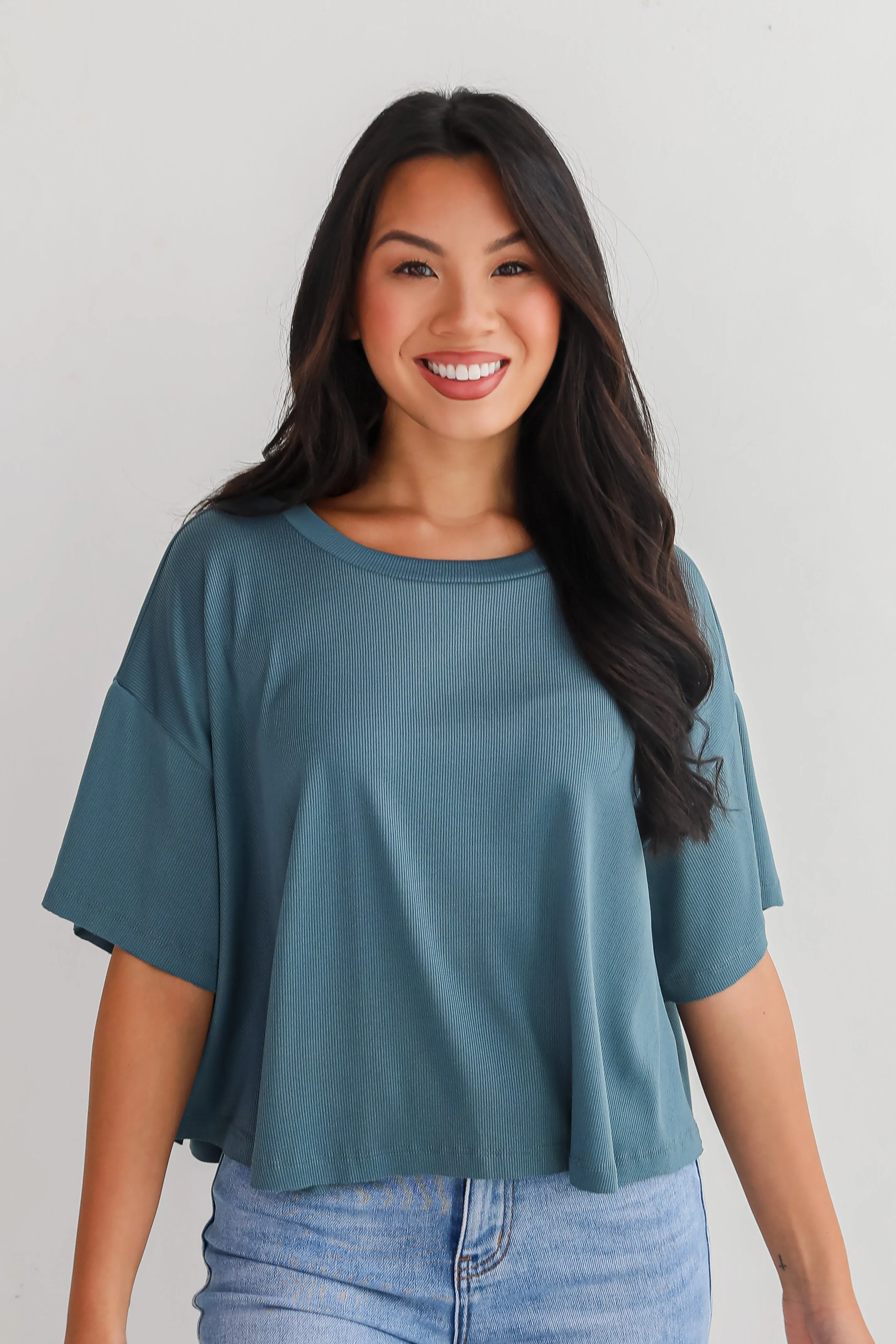 Catherine Teal Ribbed Knit Tee - DU DEAL