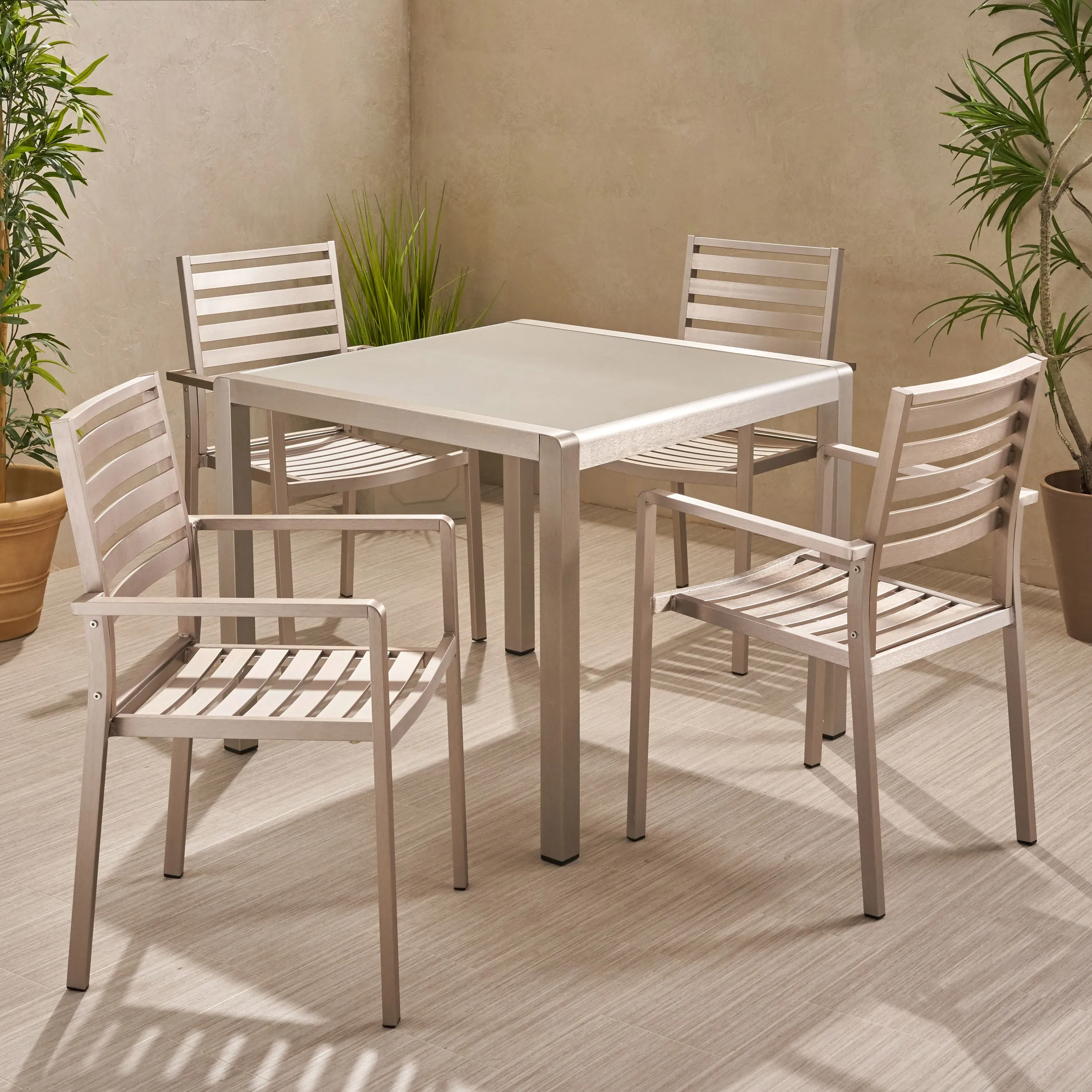 Cherie Outdoor Modern 4 Seater Aluminum Dining Set with Tempered Glass Table Top