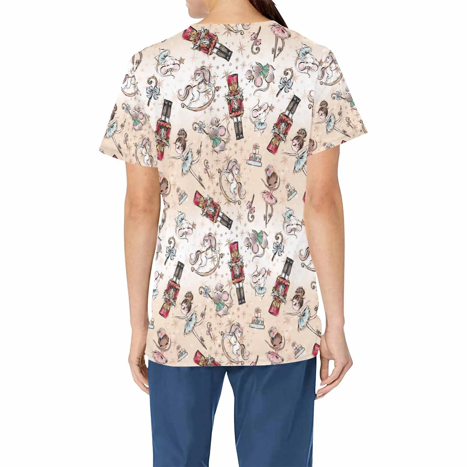 Christmas Nutcracker Sml Print  Women's V Neck Scrub Top Nurse Uniform with Deep Front Pockets