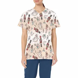 Christmas Nutcracker Sml Print  Women's V Neck Scrub Top Nurse Uniform with Deep Front Pockets