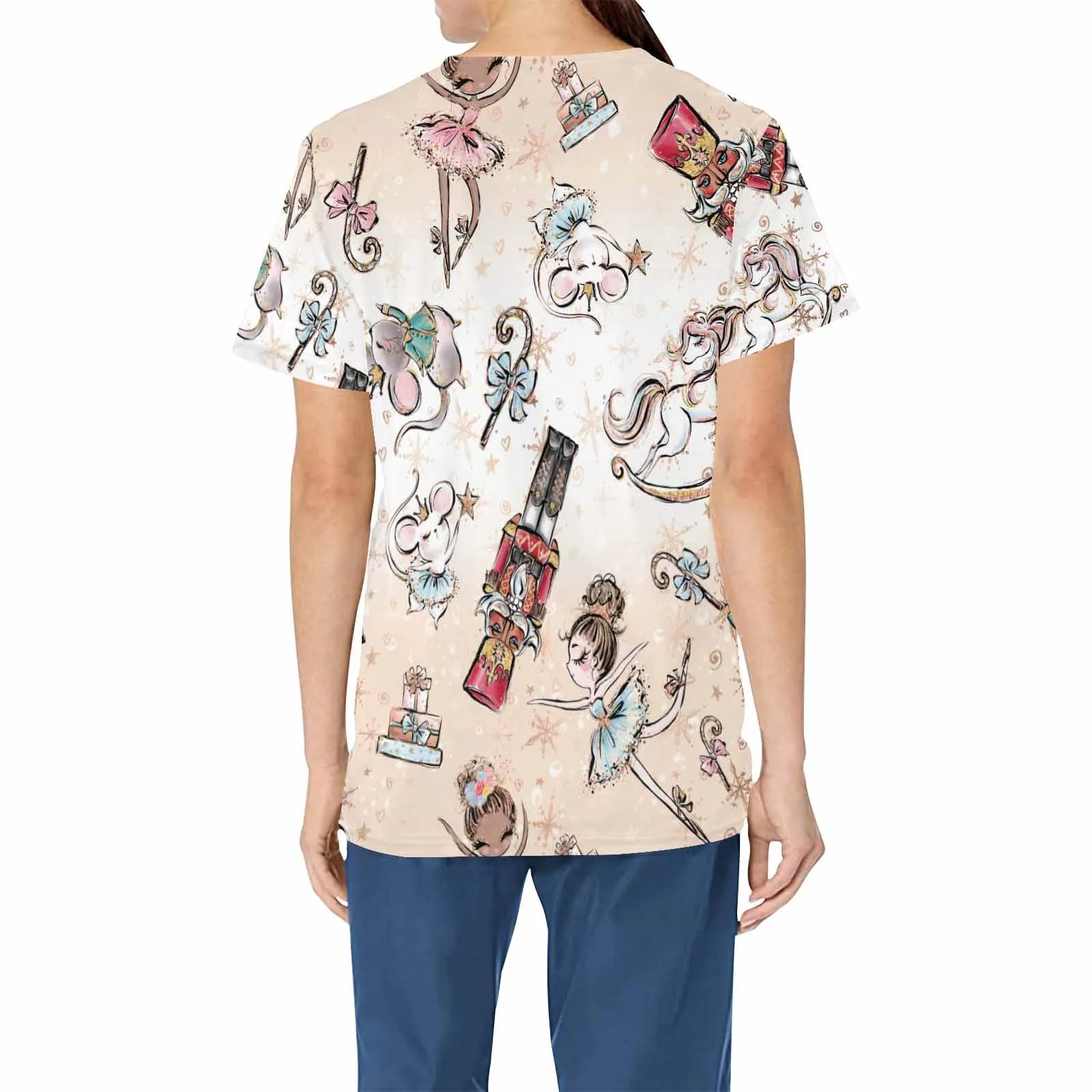 Christmas Nutcracker  Women's V Neck Scrub Top Nurse Uniform with Deep Front Pockets