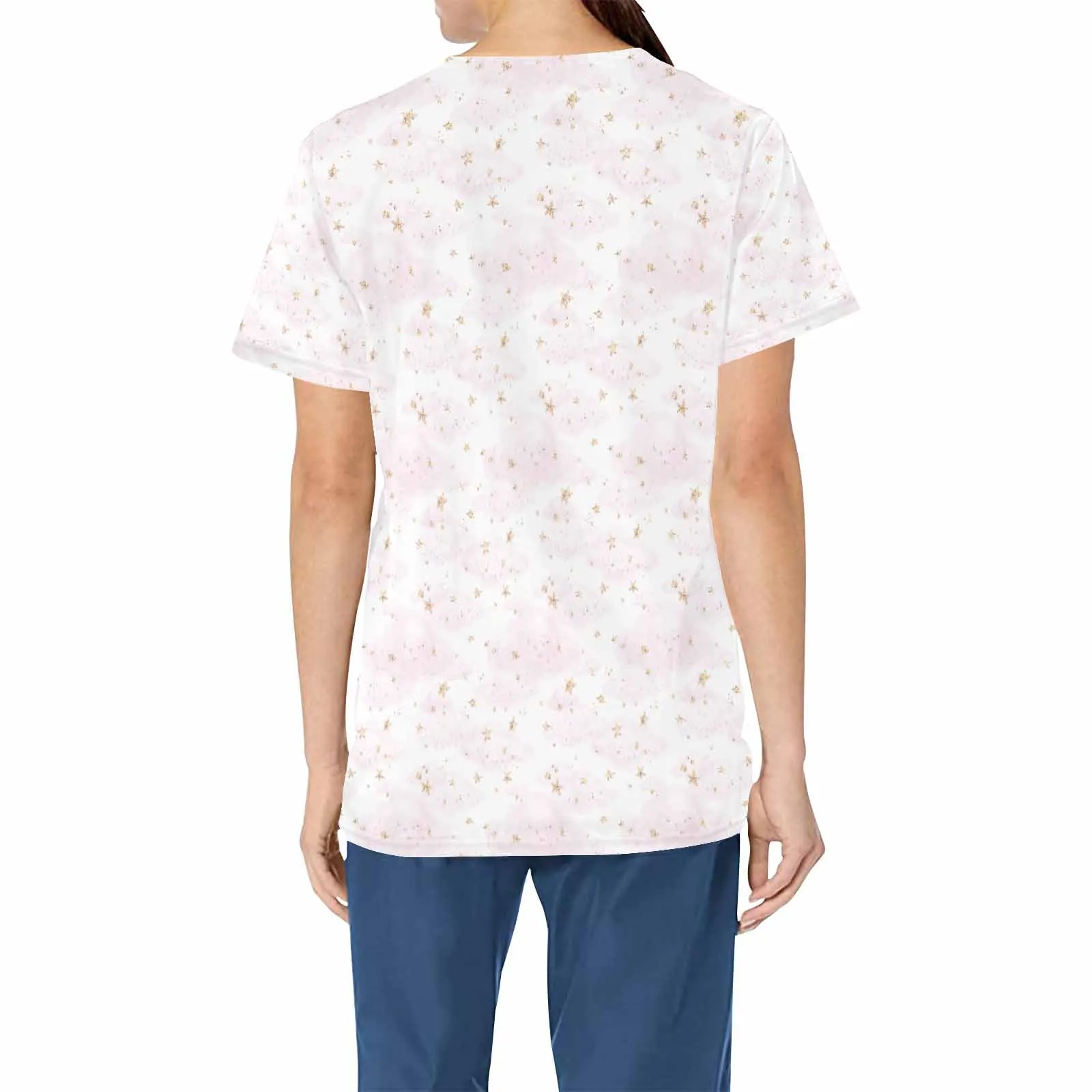 Cloud and Stars  Women's V Neck Scrub Top Nurse Uniform with Deep Front Pockets