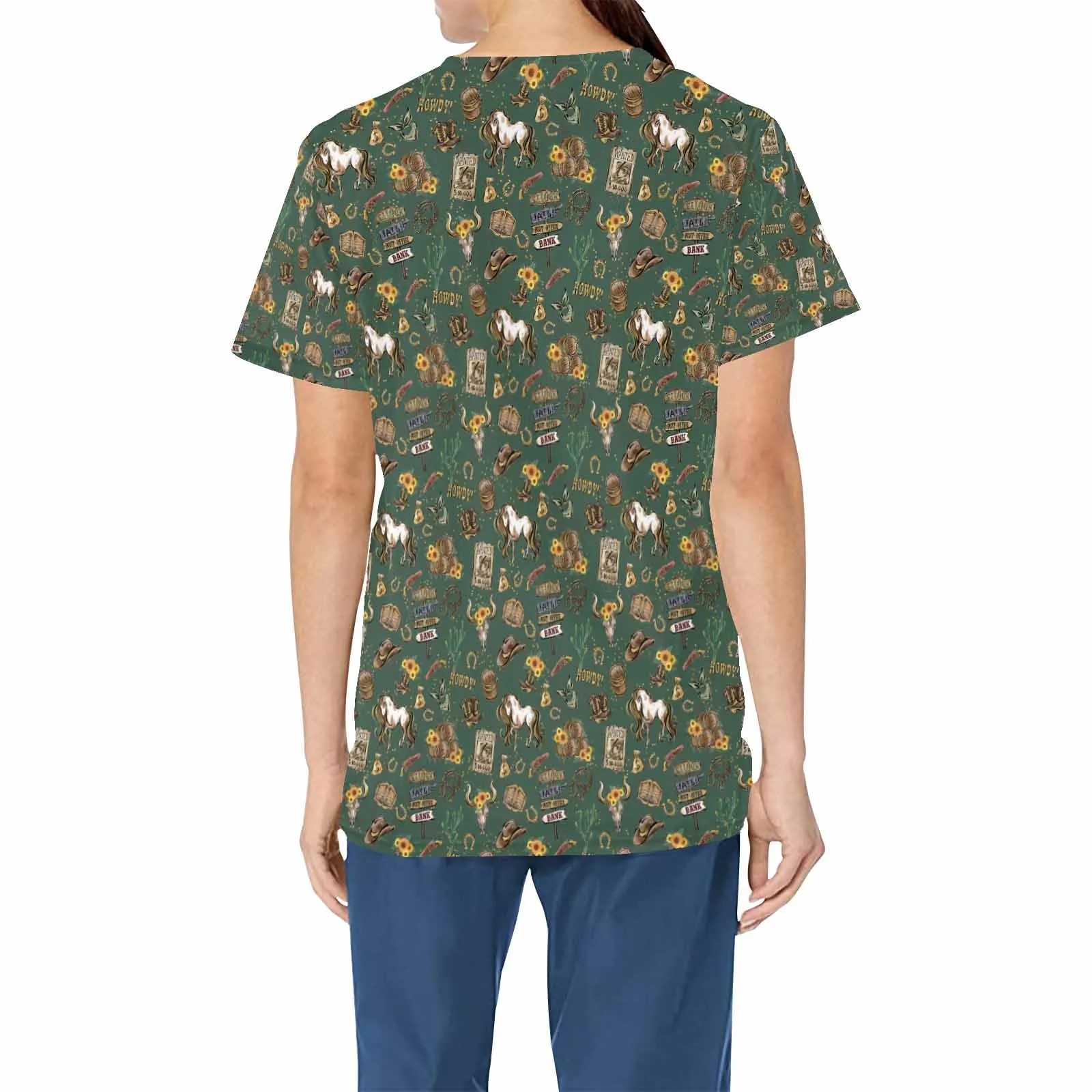 Country and Western Green  Women's V Neck Scrub Top Nurse Uniform with Deep Front Pockets