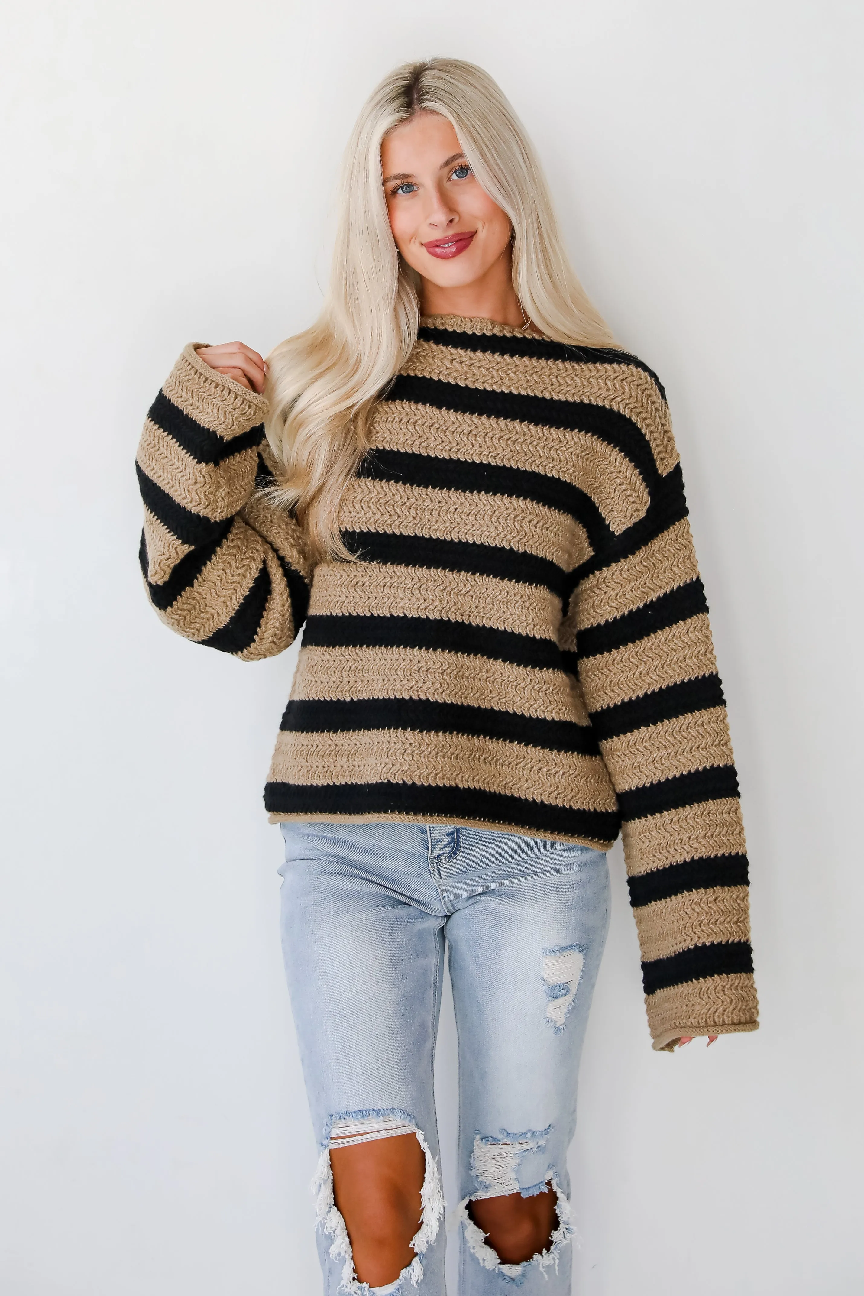 Cozy Warmth Taupe Striped Sweater