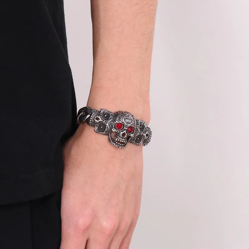 European and American Punk Style Stainless Steel Skull Bracelet with Retro Red-Eye Design for Men