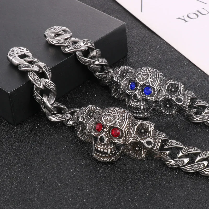 European and American Punk Style Stainless Steel Skull Bracelet with Retro Red-Eye Design for Men