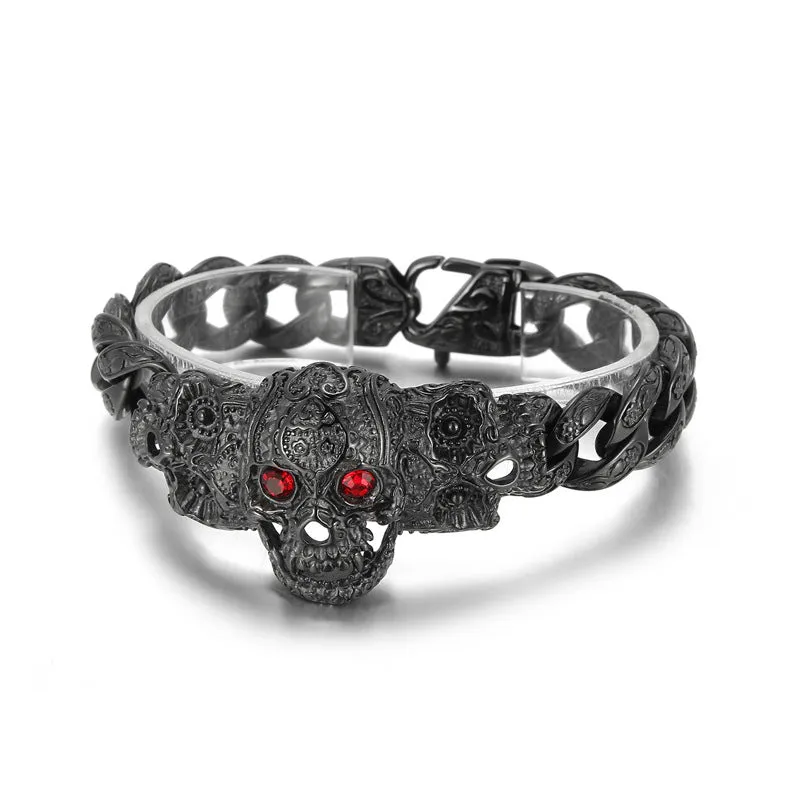 European and American Punk Style Stainless Steel Skull Bracelet with Retro Red-Eye Design for Men