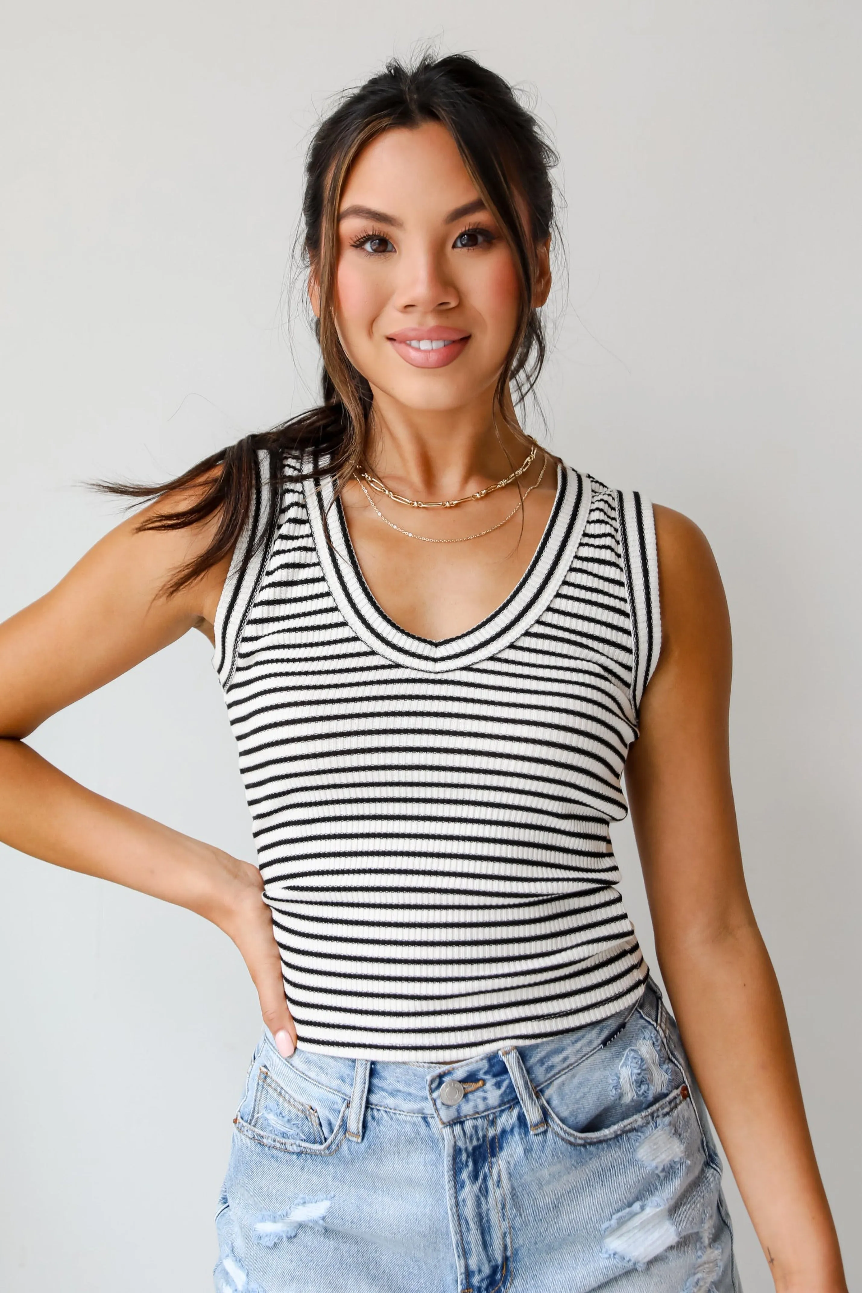 FINAL SALE - Bri Striped V-Neck Tank - DU DEAL