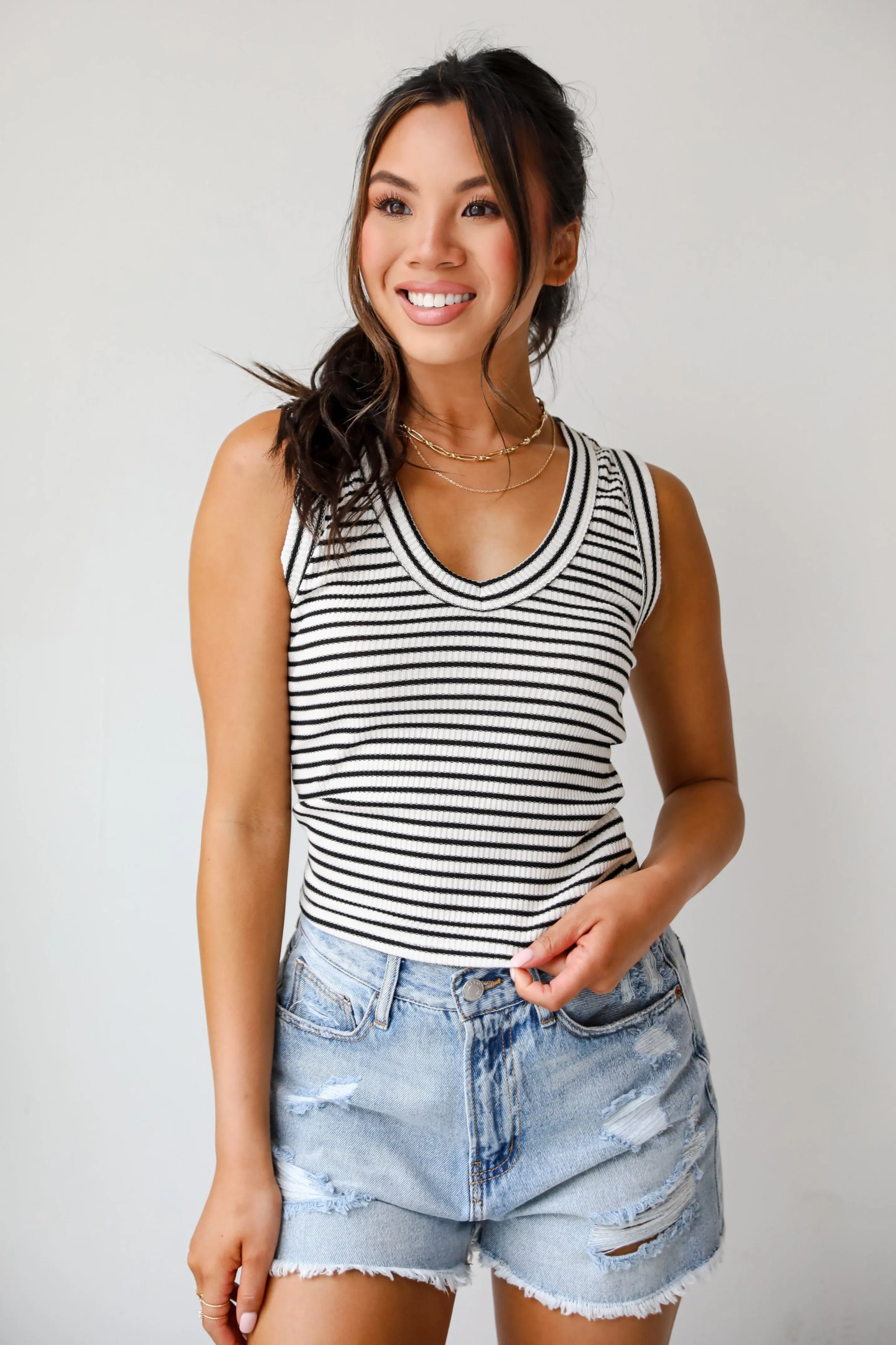 FINAL SALE - Bri Striped V-Neck Tank - DU DEAL