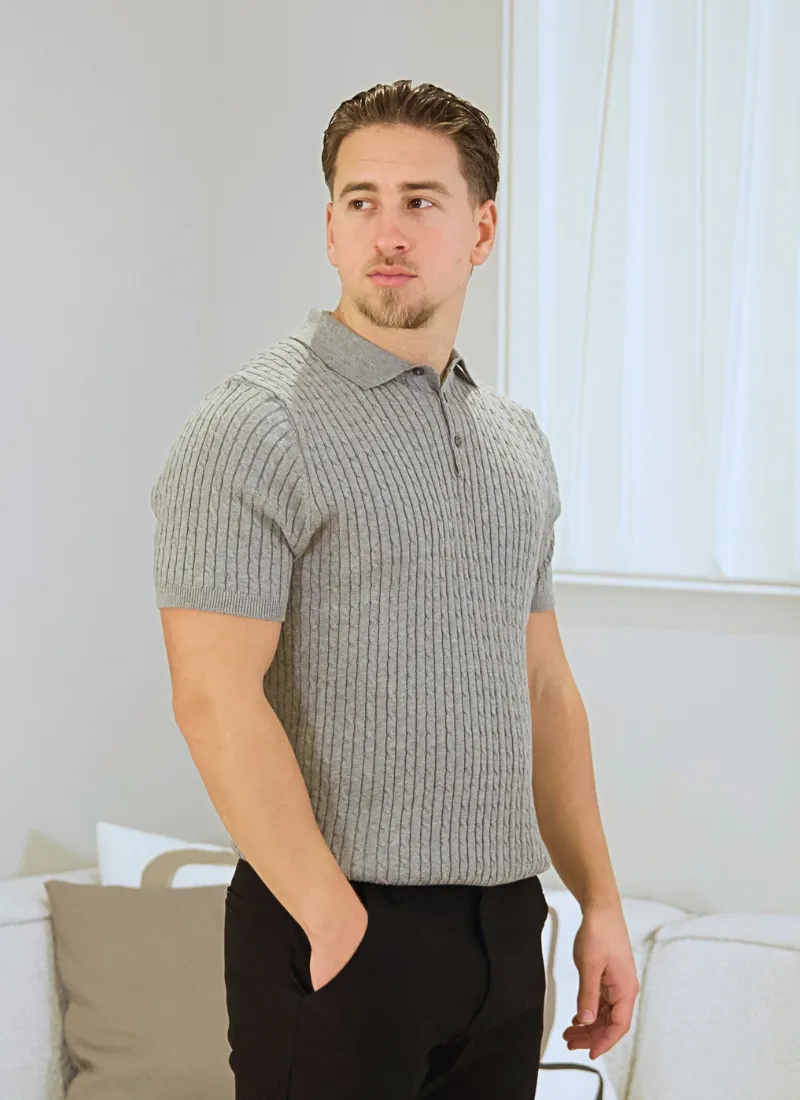 Fine Cable Knit Polo Shirt - Grey