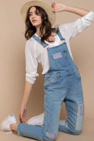 Front Chest Zipper Slim Leg Denim Overalls