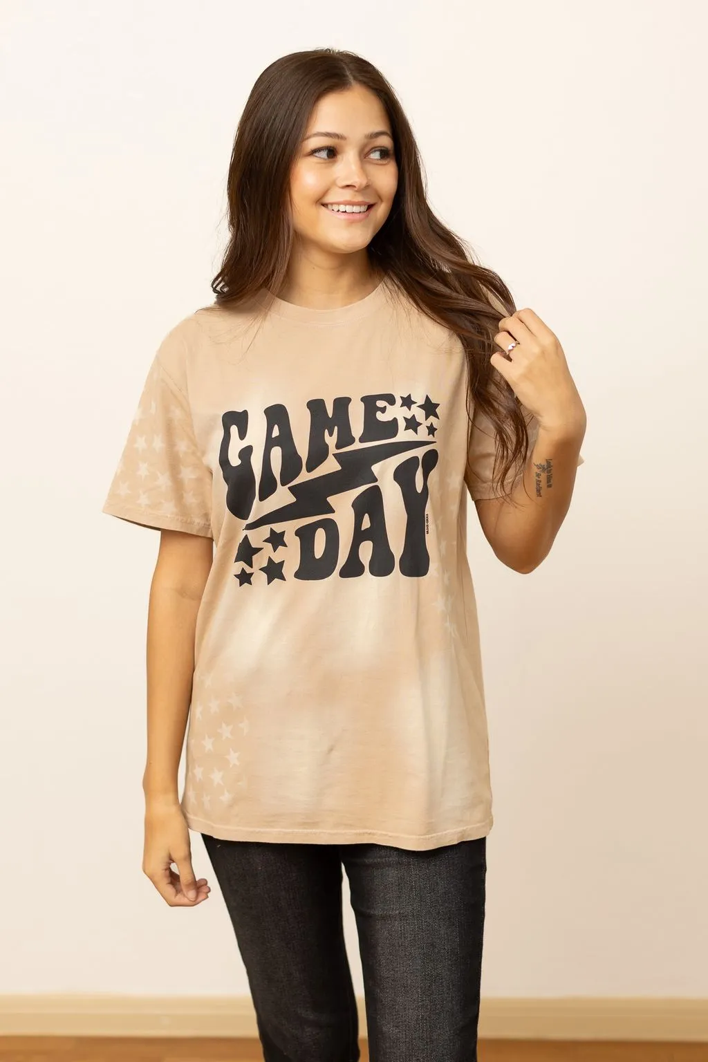 'Game Day' on Beige Acid Wash Tee