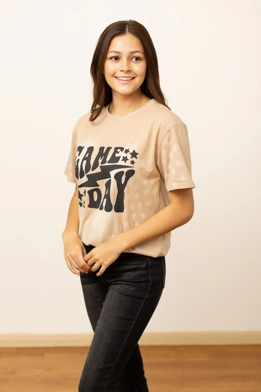 'Game Day' on Beige Acid Wash Tee