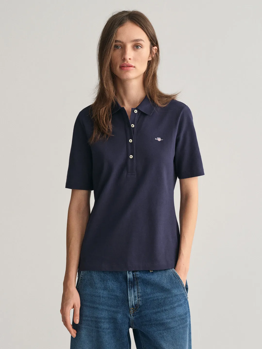 Gant Women Blue Solid Collared Short Sleeves Polo T-Shirt