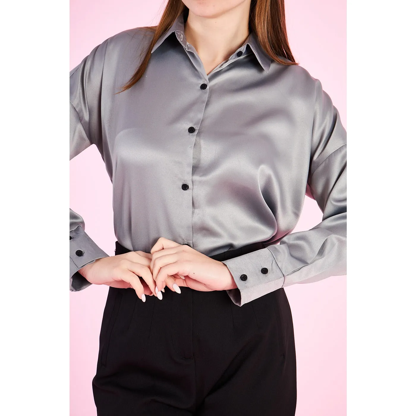 Grey Button Down Satin Shirt