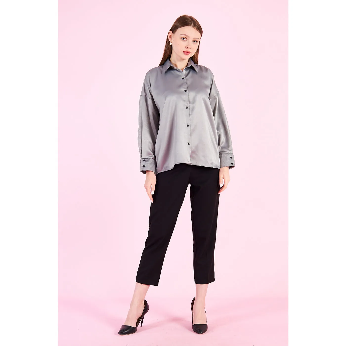 Grey Button Down Satin Shirt