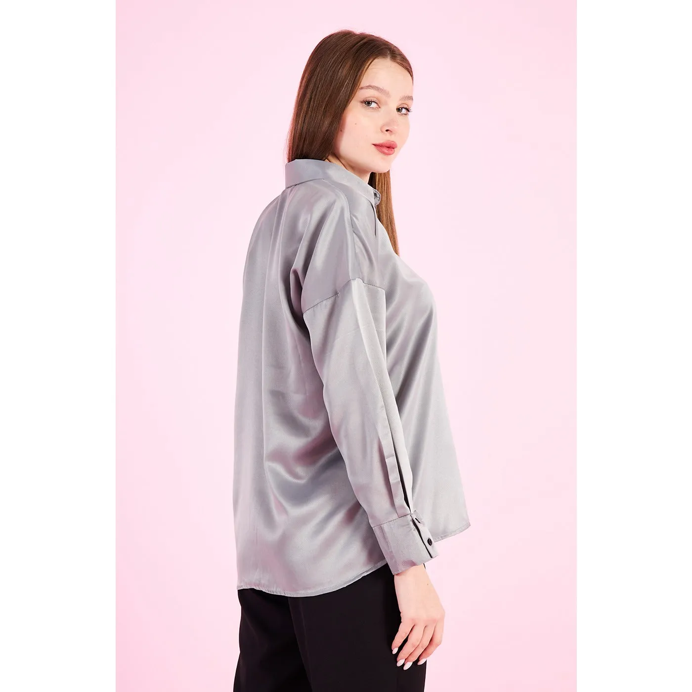 Grey Button Down Satin Shirt