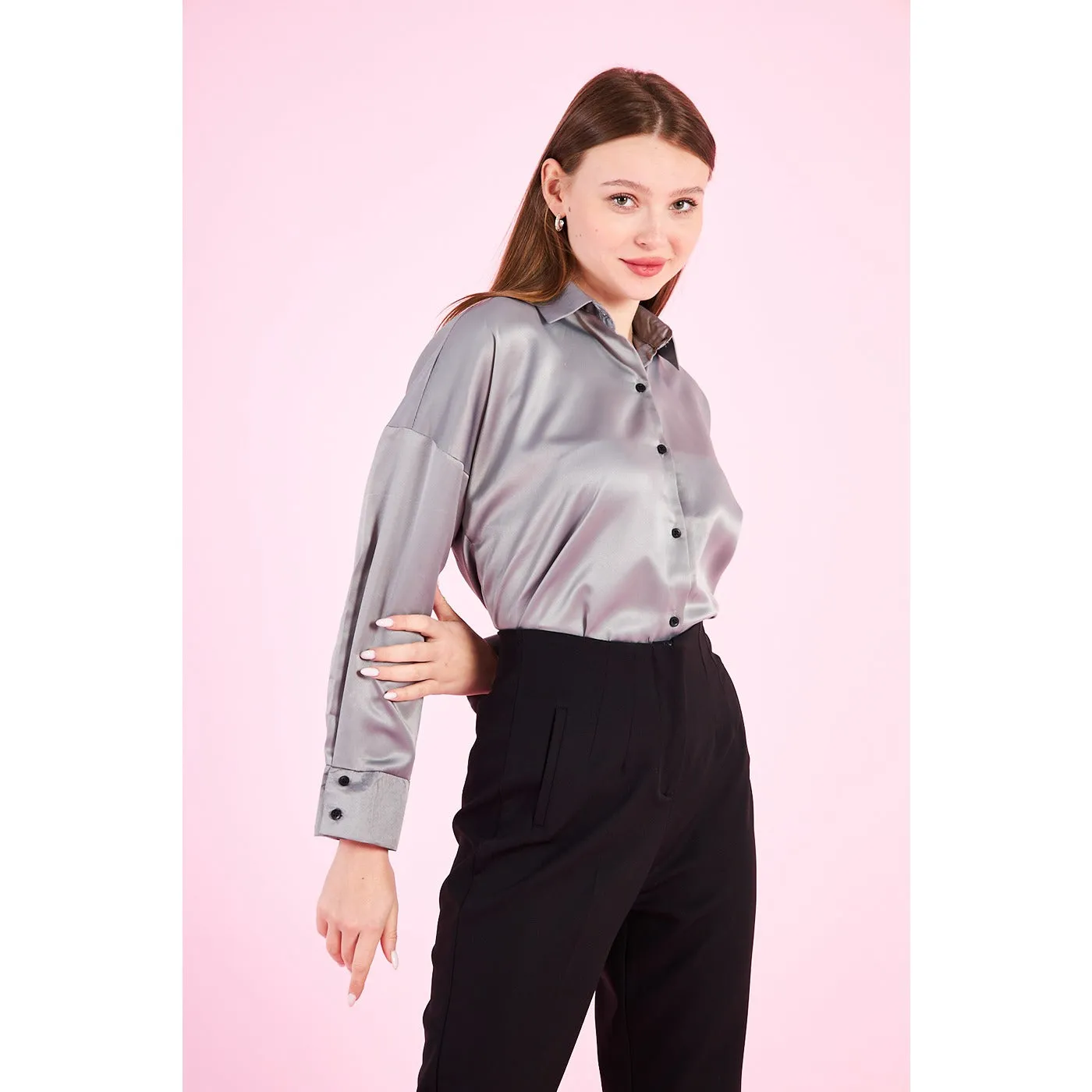 Grey Button Down Satin Shirt