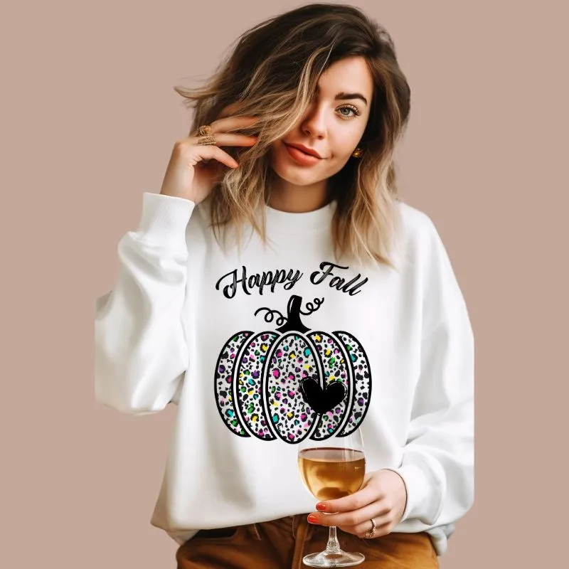 Happy Fall Cheetah Print Pumpkin Crewneck Pullover Sweatshirt