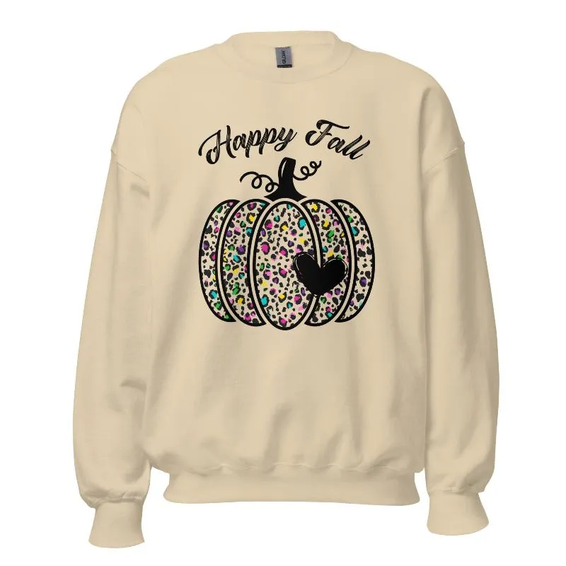 Happy Fall Cheetah Print Pumpkin Crewneck Pullover Sweatshirt