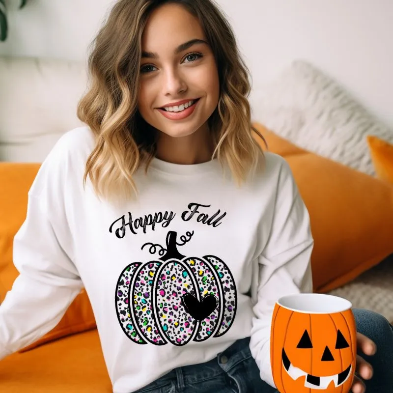 Happy Fall Cheetah Print Pumpkin Crewneck Pullover Sweatshirt